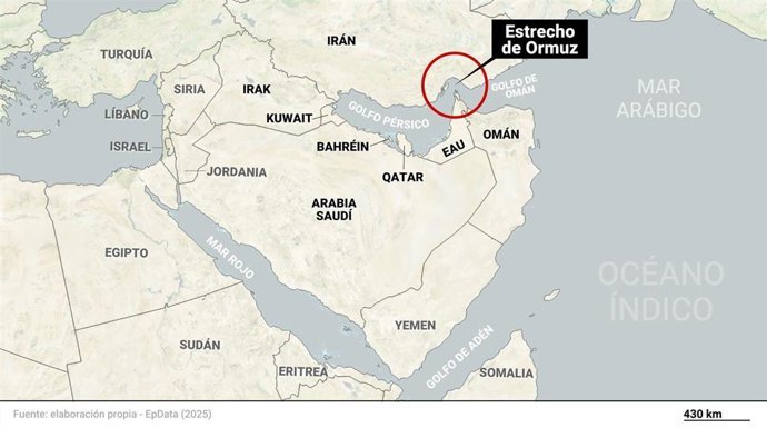 Archivo - Mapa de localizaci&oacute;n del estrecho de Ormuz y los pa&iacute;ses que lo rodean en el golfo P&eacute;rsico. El estrecho de Ormuz, uno de los pasos comerciales m&aacute;s importantes del mundo y uno de los principales puntos calientes en el conflicto en Oriente Pr&oacute;ximo.