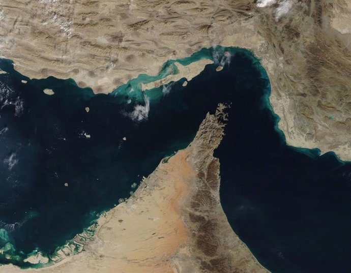March 31, 2026, Strait Of Hormuz, International Waters: Satellite view of the narrow Strait of Hormuz between the Persian Gulf and the Gulf of Oman, separating Iran, above, and the Arabian Peninsula, below, December 2, 2020, in Earth Orbit. Only about 21